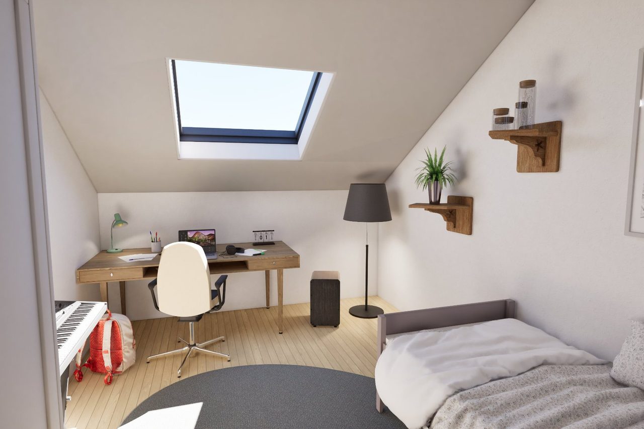 Arbeits- und Gästezimmer mit Schreibtisch am Fenster und Tageslicht von oben