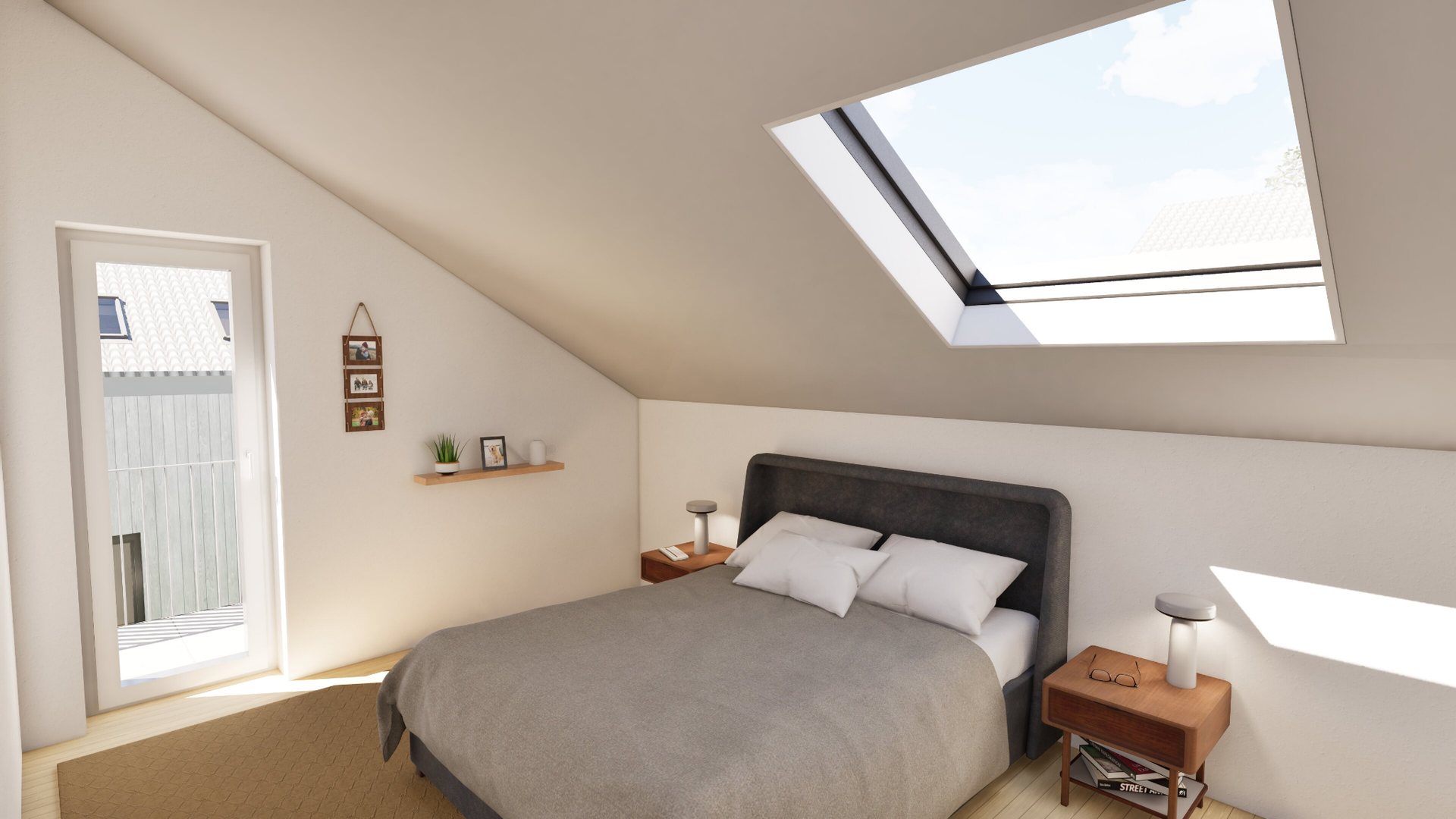 Schlafzimmer unter der Dachschräge mit großem Dachflächenfenster über dem Bett
