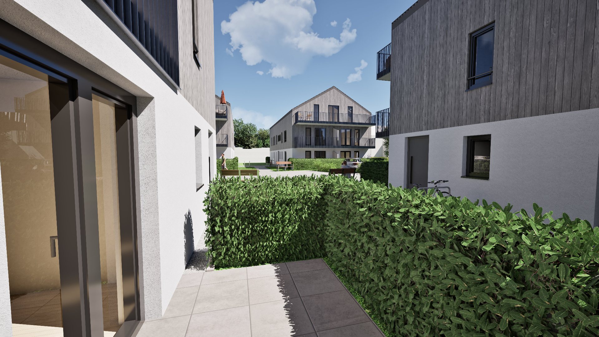 Terrasse mit Gartenanteil, von Hecken gerahmt