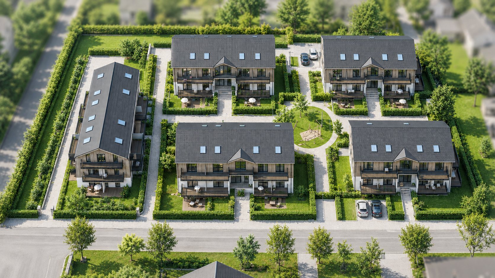 Vogelperspektive des Quartiers: fünf Häuser gruppieren sich um begrünte Innenhöfe