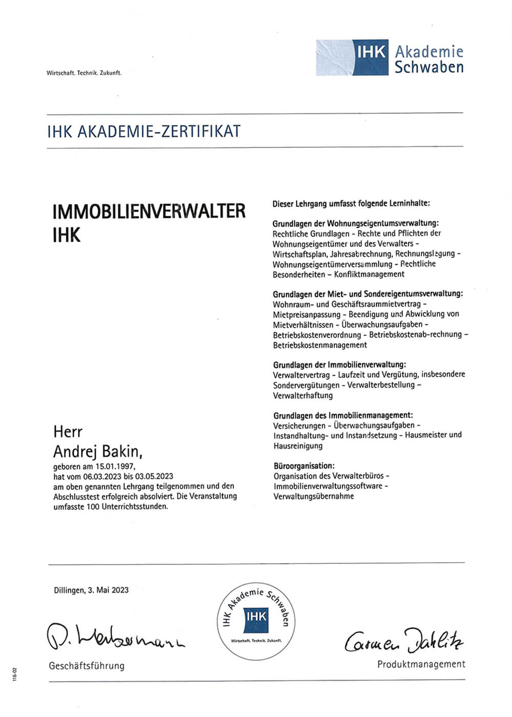 Andrej Bakin, IHK Schwaben zertifizierter Immobilienverwalter 2023, Immenstadt und Kempten