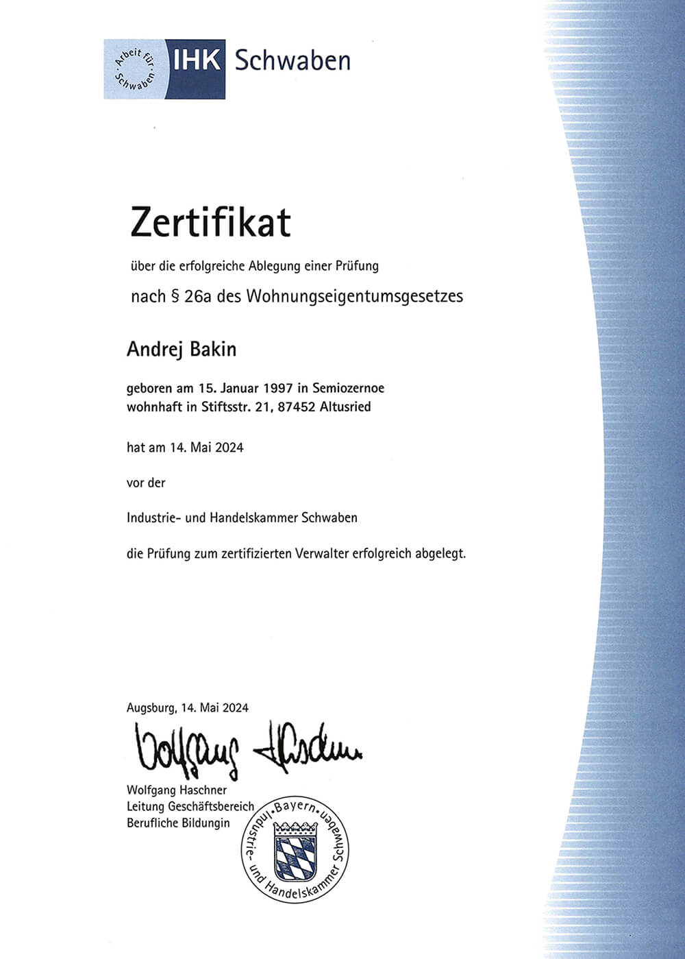 Andrej Bakin, zertifizierter Hausverwalter IHK Schwaben, 2024